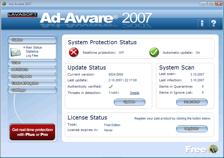 Ad-Aware 2007-Hlavní okno programu
