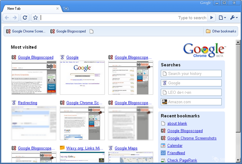 První verze Google Chrome z roku 2008.