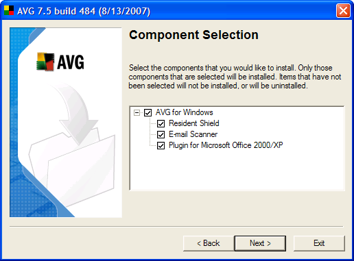 AVG 7.5 free – zde si můžete vybrat které komponenty budou nainstalovány