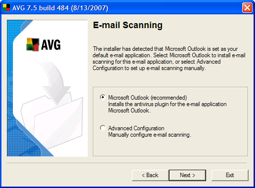 AVG 7.5 free – možnost nastavení automatické integrace do MS Outlook