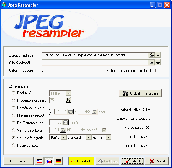 hlavní okno programu JPEG Resampler