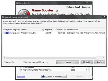 Game Booster dokáže povypínat i soubory běžící na pozadí.