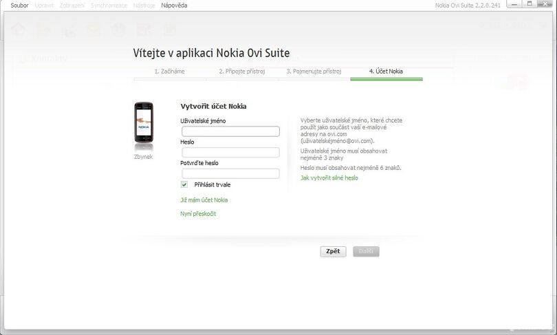 Obrázek XV. Nokia Ovi Suite – možnost vytvoření účtu Nokia Ovi