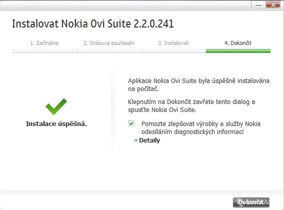 Obrázek VI. Instalace – dokončena úspěšná instalace programu Nokia Ovi Suite