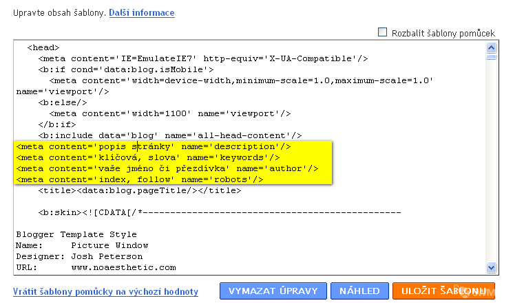 Vzor pro vložení meta tagů do zdrojového kódu vašeho blogu.