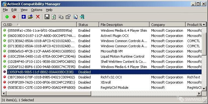 Pomocí ActiveX Compatibility Manager můžete jednoduše povolit či zakázat jednotlivé ActiveX komponenty.