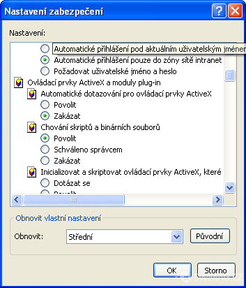 Udílet pravomoce pro chování ActiveX prvků je možné nastavit pomocí Nastavení zabezpečení.