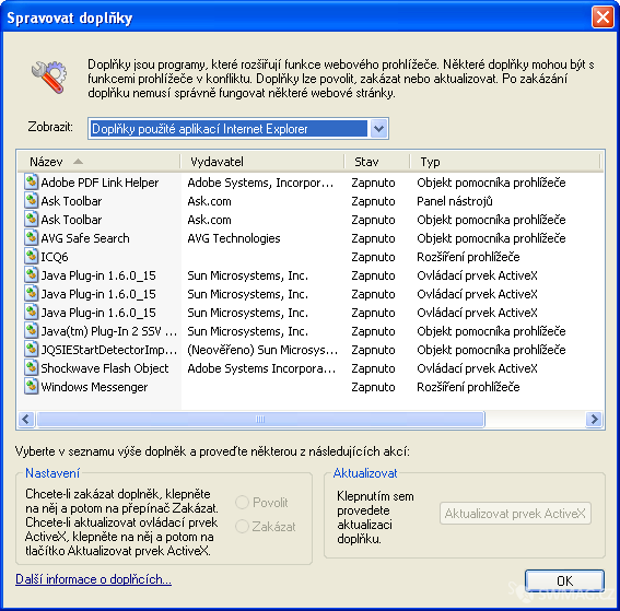Správa doplňků a tím pádem i ActiveX v Internet Exploreru…