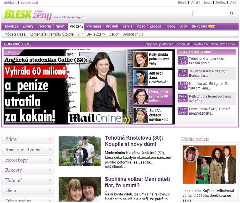 Obrázek IV. Sekce Pro ženy na www.blesk.cz