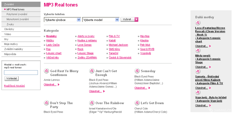 Na T-Zones mimo jiné naleznete také množství doplňků pro váš mobilní telefon jako např.: vyzváněcí melodie.