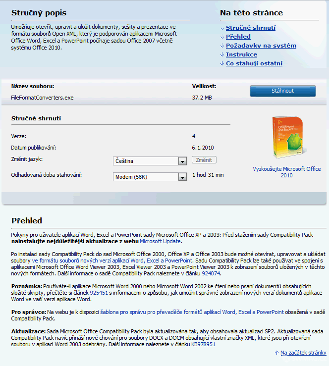 Compatibility Pack pro Office XP a 2003 na oficiálním webu