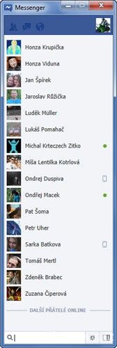 Okno kontaktů Facebook Messengeru