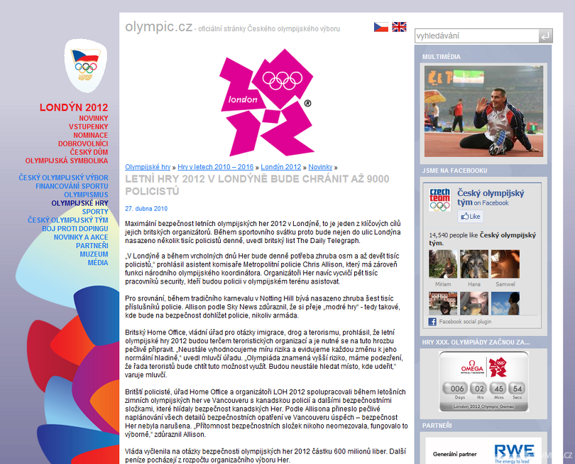 webová stránka Olympic.cz