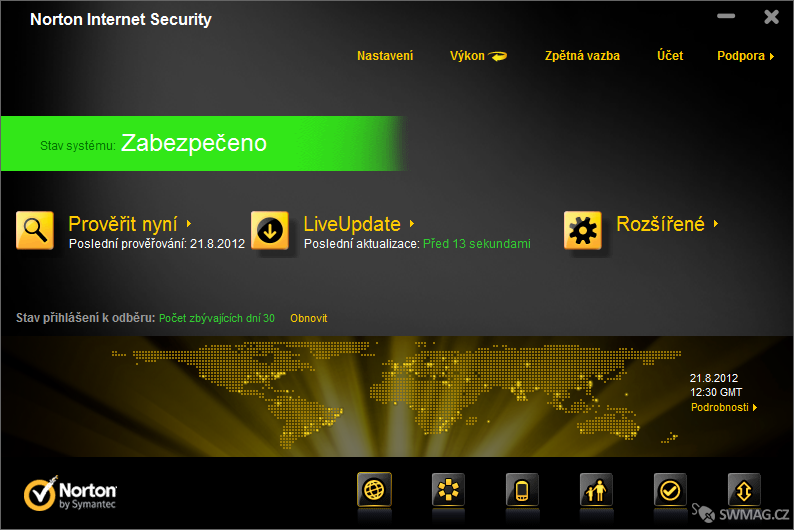 Rozhraní aplikace Norton Internet Security 2012