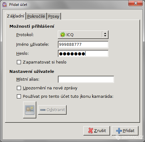 přidání ICQ účtu do Pidgina
