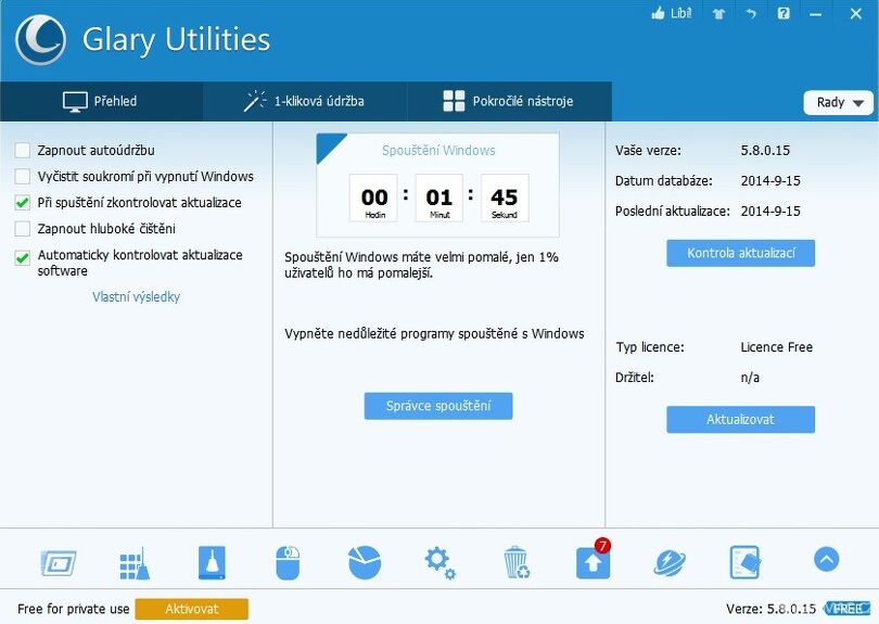 Uživatelské rozhraní Glary Utilities 5