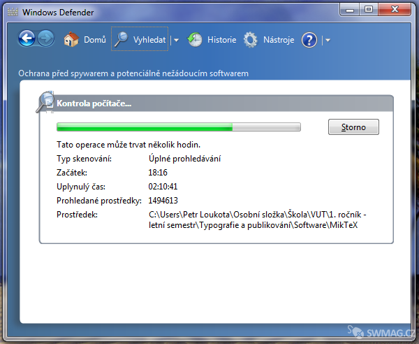 Uživatelské prostředí antiviru Windows Defender