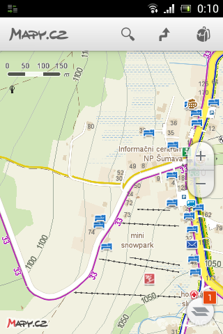 Zobrazení turistických map v mobilní aplikaci Mapy.cz. Nechybí ani sjezdovky.