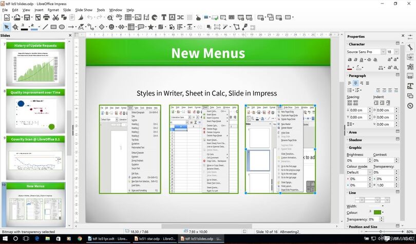 Prezentace v Impressu a ukázka nových menu ve Writeru, Calcu a Impressu.