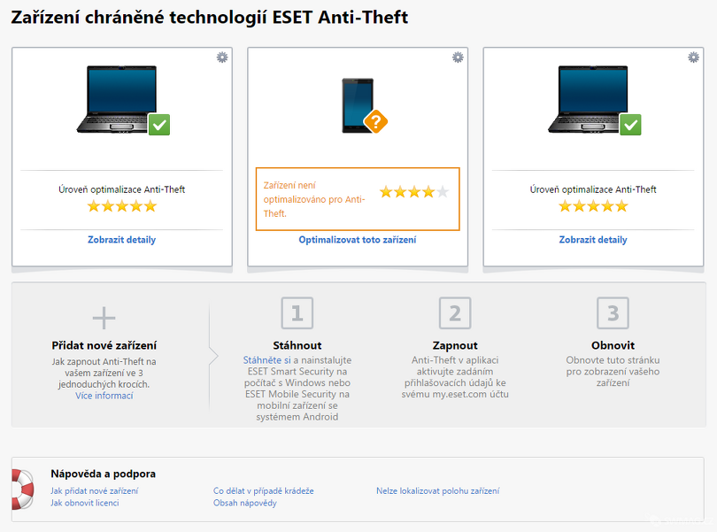 Ukázka webového rozhraní Anti-theft se třemi aktivními zařízeními