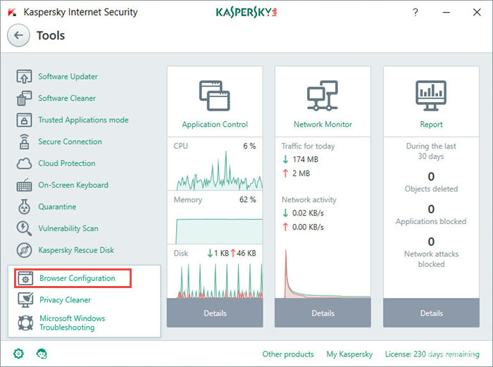 Kaspersky Internet Security – tabulka bezpečnostních nástrojů