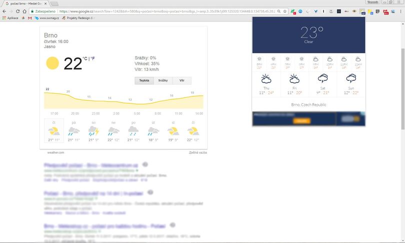 Pro srovnání, počasí Google